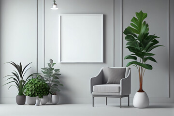 Interior frame living room with gray velvet armchair, hanging lamp, and plants on empty texture wall background. A blank wall with a vertical poster. Generative AI.