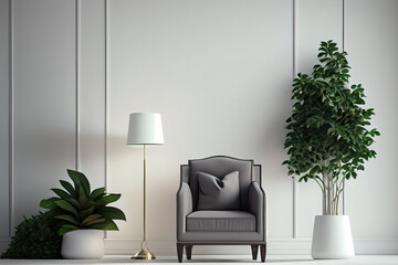 Interior frame living room with gray armchair, lamp, and plants on empty wall background. Generative AI.