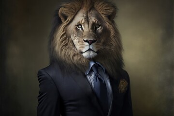 lion wearing a suit as businessman dramatic generative ai portrait 