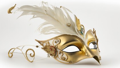  a gold mask with a white feather on top of a white background with a swirly design on the side of the mask and a white background with a white background.  generative ai