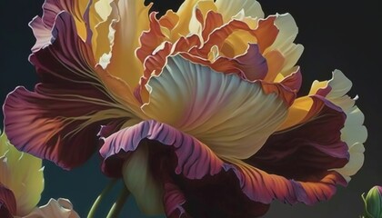  a painting of a large flower on a black background with a blue sky in the back ground and a green plant in the foreground.  generative ai