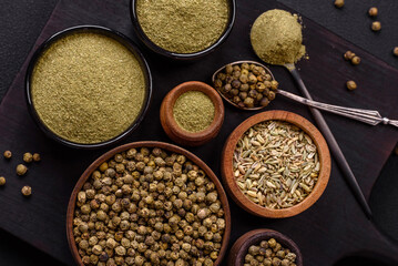 Spice dried dill or basil in the form of green powder