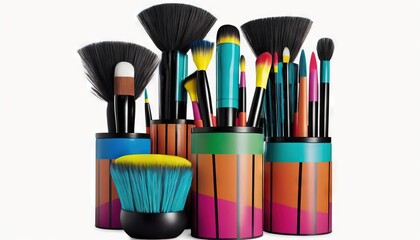 Fototapeta premium a collection of colorful brushes and brushes in a cup on a white background with a white background behind it and a white background behind it. generative ai
