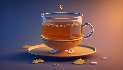  a glass cup of tea with a saucer on a saucer on a saucer with leaves on the side of the cup and a blue background.  generative ai