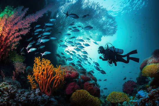 Person scuba diving in a coral reef, with colorful fish and underwater plants visible., Photography DSLR HD