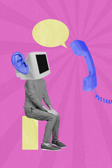 Creative collage photo picture poster artwork sketch of weird man tv set instead face listening...