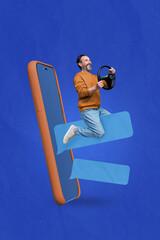 Fototapeta na wymiar Vertical creative photo design of funny positive old man hold steering wheel flies out of smartphone isolated on blue color background