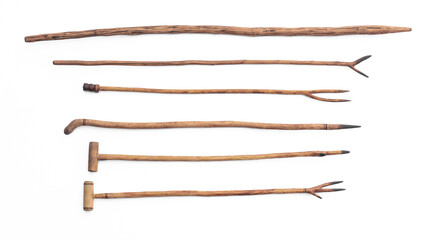 collection of old wooden cane isolated on white background