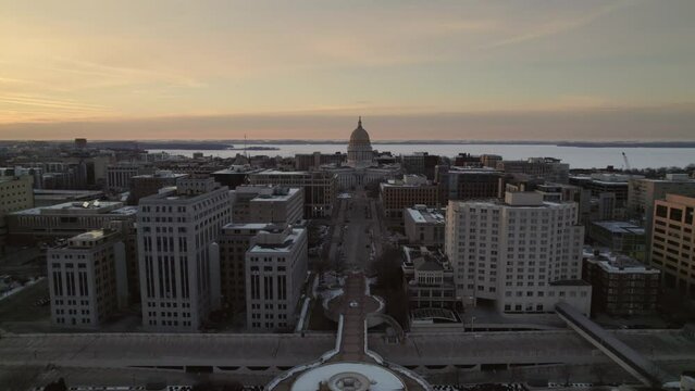 Downtown Madison Winter Flyby at Dusk.