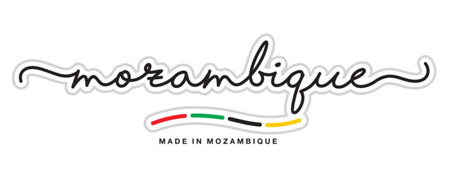 Made in Mozambique, new modern handwritten typography calligraphic logo sticker, abstract Mozambique flag ribbon banner