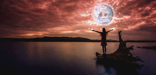 Abstract science digital connection around the world in hand on morning sky background The composition of this image was decorated by NASA..