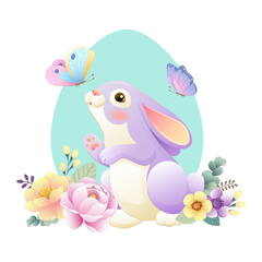 Vector illustration of an Easter bunny and flowers in gentle colors