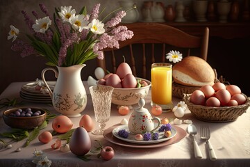 Close-up breakfast on beautifully decorated table for Easter generative ai