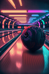 bowling ball with pins, made with generative AI - obrazy, fototapety, plakaty