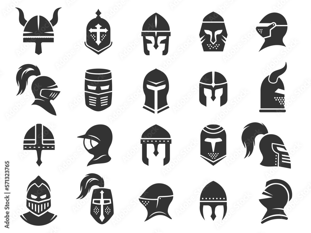 Wall mural Medieval helmets. Ancient warrior knight head armor with visor plumage, spartan fighter protective elements flat style. Vector isolated collection