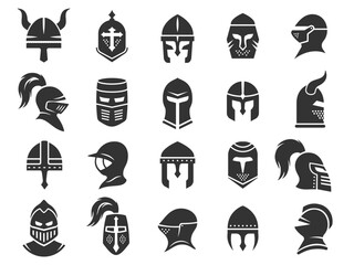 Medieval helmets. Ancient warrior knight head armor with visor plumage, spartan fighter protective elements flat style. Vector isolated collection - obrazy, fototapety, plakaty