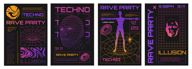 Psychedelic posters. Acid trippy party flyers surreal retro 70s 80s style, funky groovy strange rave strange symbols for banner design. Vector set