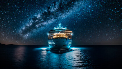 cruise ship at night in the middle of the sea, generative AI - obrazy, fototapety, plakaty