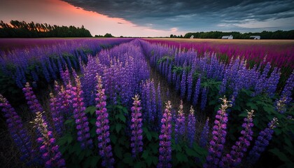 Fototapeta premium a field of purple flowers with a sunset in the background and a horse in the distance in the middle of the field with a dark sky. generative ai