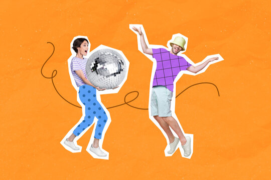 Creative Photo Collage Of Funny People Carefree Guy Dancing With Impressed Girl Holding Discoball Isolated On Orange Color Background