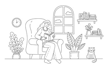 Girl reading book doodle illustration including young woman sitting in cozy armchair next to cat and plants. Hand drawn cute line art about hobby. Thin linear drawing for coloring. Editable Stroke