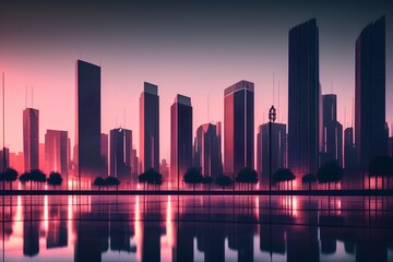 Fototapeta na wymiar Empty square and city skyline at dusk - generative ai