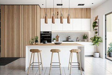 Modern white and wooden kitchen with island and stools on a foreground wall, interior design architecture idea generative ai