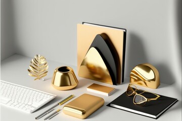 minimalist workplace on a light background. Business office desk with gold colors.  generative ai Modern design Minimal style.