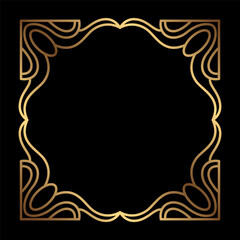 Art Deco Gold Square vector frame on black. Isolated metal border with empty space