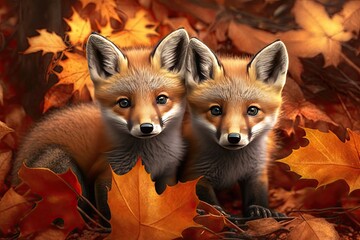 Two baby foxes sitting in fall leaves generative ai