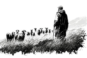 Shepherd leading a herd of sheep on a meadow, sketch illustration, generative AI