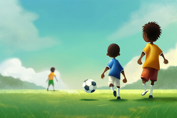 Children play football on green grass, sketch illustration, generative AI