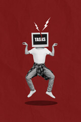 Vertical collage picture of black white gamma guy vintage cracked pc monitor tasks screen instead...