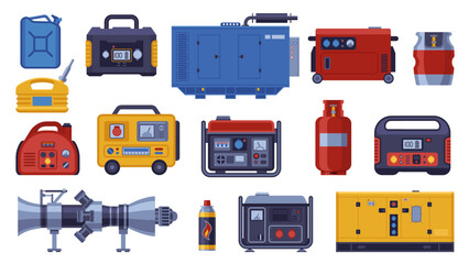 Industrial power generator. Energy generating portable electrical alternator, propane gas cylinder, fuel jerrycans, cartoon diesel backup equipment. Vector set