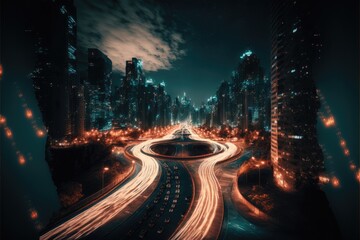 long-exposure photography technique of a city at night with traffic lights. This is a Royalty-free fictitious generative AI artwork that doesn't exist in real life.


