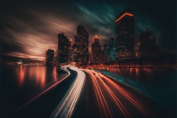 long-exposure photography technique of a city at night with traffic lights. This is a Royalty-free fictitious generative AI artwork that doesn't exist in real life.

