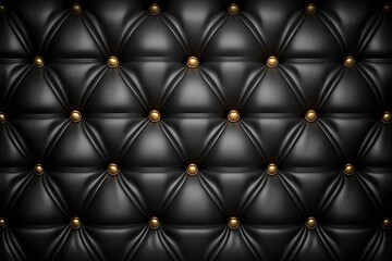 Padded black leather upholster pattern. Quilted leather texture with buttons. Tufted leather closeup