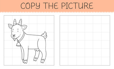Copy the picture is an educational game for kids with goat. Cute cartoon goat coloring book. Vector illustration.