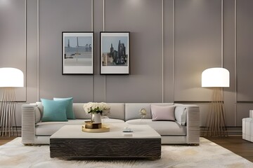 Interior of modern living room with striped accent coffee table and classical patterned armchair, empty wall. Home design. 3d rendering, style color pastel