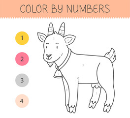 Color by numbers coloring book for kids with goat. Coloring page with cute cartoon goat. Monochrome black and white. Vector illustration.
