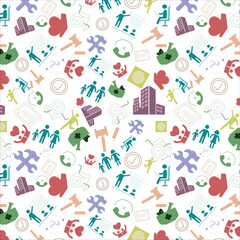 Seamless pattern of chinese violet, asparagus, citron, dark cyan, cool gray, peach color charity, health, social issue, help, care, NGO related flat silhouette icons on white background. textile art.