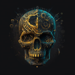 Mechanical human skull isolated against a black background, generative Ai 