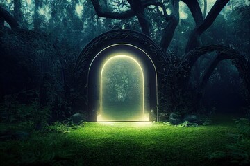 Magical portal with an arch of tree branches in the forest