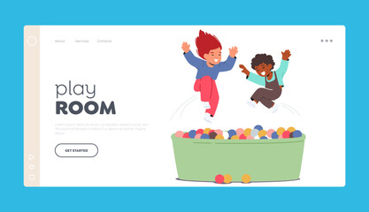 Play Room Landing Page Template. Happy Joyful Children Playing and Jumping In Pool With Colorful Balls, Excited Kids
