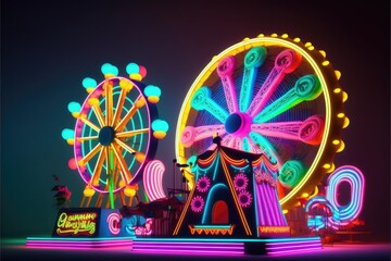 Fototapeta premium amusement park Funfair and carnival rides generative ai Funtime background with neon lights