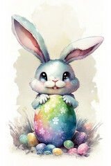 Fototapeta na wymiar Easter bunny with egg watercolor illustration, cartoon, generative ai