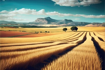 Obraz premium Field of cereal cultivation, during summer, This is a Royalty-free fictitious generative AI artwork that doesn't exist in real life.