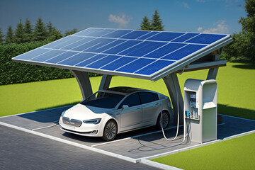Electric car with solar panels charging station design and futuristic concept. Ai generated