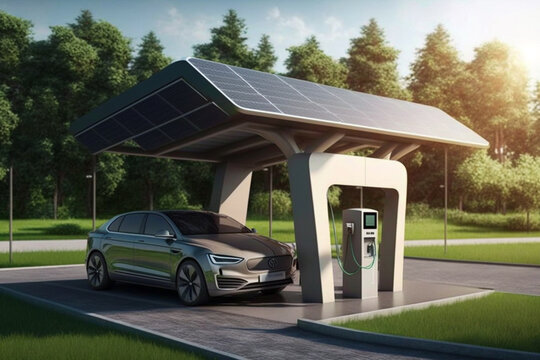 Electric car with solar panels charging station design and futuristic concept. Ai generated
