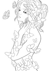 Naklejka premium coloring page girl with butterflies for kids